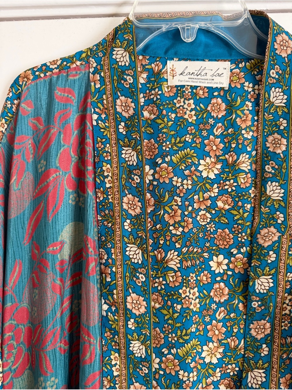 KANTHA BAE teal brown floral silk kimono OS - Picture 2 of 5